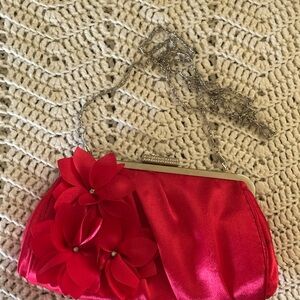 Red Satin Evening Bag/Clutch with Rhinestone Clasp and Floral Accents